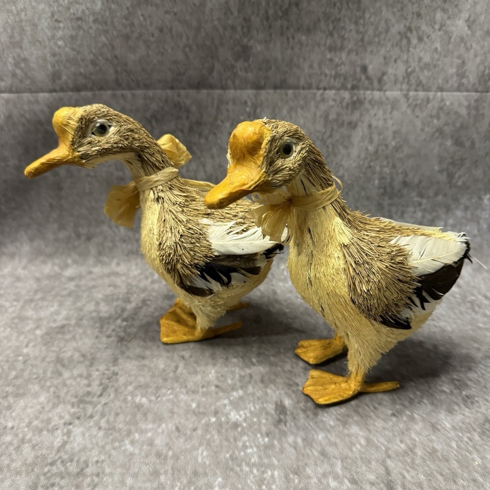 Set of 2 MCM Cottagecore Farmhouse Straw Sisal Feather Duck Geese Figures